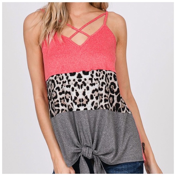 Leopard Print Coral Tie Front Strappy Tank Top! - Picture 5 of 16